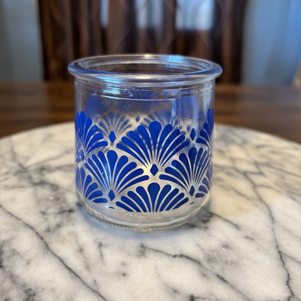 VTG Oui by Yoplait Glass Yogurt Jars Blue‎ Scallop Voltive Candle Holders